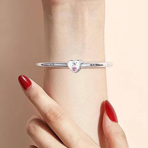 Miniatura 4 de KunBead Dijes de cuentas con letras iniciales de la A a la Z con forma de corazón rosa, compatibles con pulseras Pandora para mujer