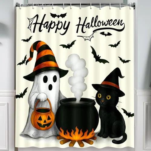 Tieshankao Decoración de baño de Halloween, cortina de ducha de calabaza fantasma, gato, decoración espeluznante con 12 ganchos de 72 x 72 pulgadas