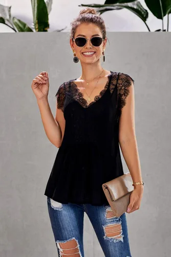 Miniatura 3 de Blusa de encaje con cuello en V para mujer, blusa casual sin mangas