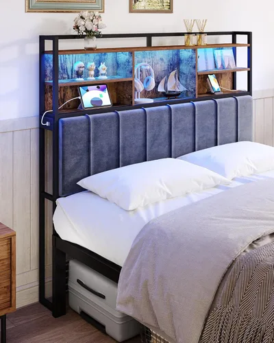 Miniatura 6 de Hzuaneri Cabecero con estantes de almacenamiento de 3 niveles, tablero de cabecera tapizado de terciopelo con 2 tomas, puertos USB y luz LED, Marrón