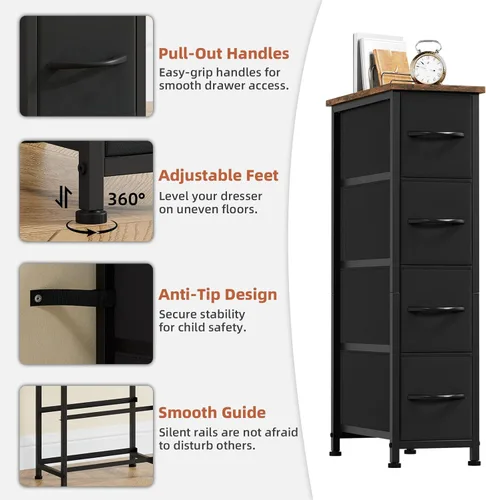 Miniatura 5 de Somdot - Cómoda estrecha con 4 cajones, cómoda delgada con cajones de tela extraíbles para armario, espacios pequeños, baño, dormitorio, lavandería