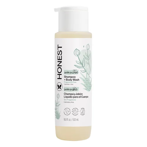 The Honest Company Champú y gel de baño 2 en 1, sin fragancia, suave, sin desgarros, hipoalergénico, derivado de forma natural, piel sensible, 18