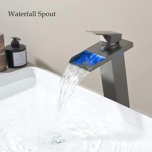 Miniatura 4 de Grifo de baño LED gris plomizo, cascada de baño, grifo alto para fregadero de 1 agujero, mango único, latón con mangueras de suministro de agua