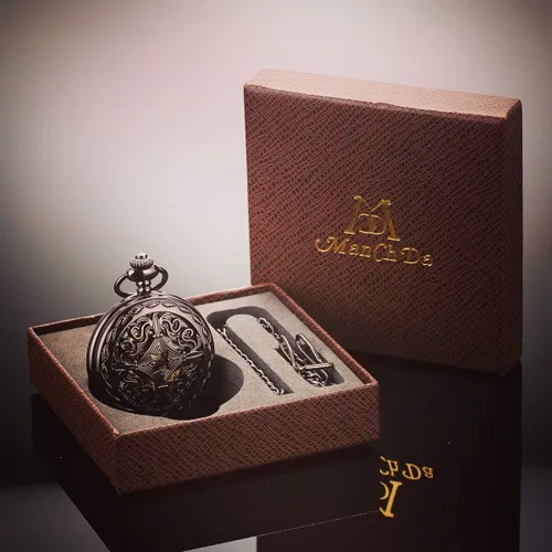 Miniatura 7 de ManChDa Reloj de bolsillo mecánico vintage negro con cadena para hombres + caja