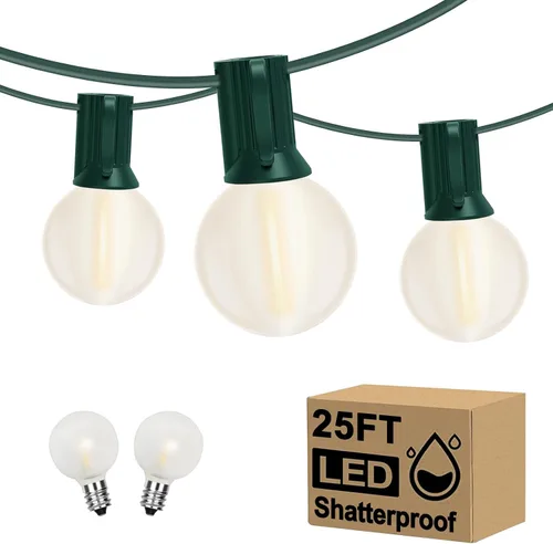 Guirnalda de luces LED G40 para exteriores de 25 pies, luces de Navidad con forma de globo esmerilado con 27 (2 de repuesto) bombillas redondas de