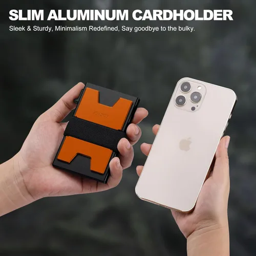 Miniatura 31 de Cartera delgada de aluminio para hombre, placa trasera expandible duradera, bloqueo RFID, billetera desplegable de metal minimalista, con capacidad