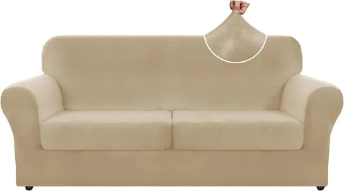 Miniatura 54 de ZNSAYOTX Funda de terciopelo de 3 piezas para sofá de 3 piezas con 2 fundas de cojín de asiento extra grandes, funda elástica para sofá de 2 plazas