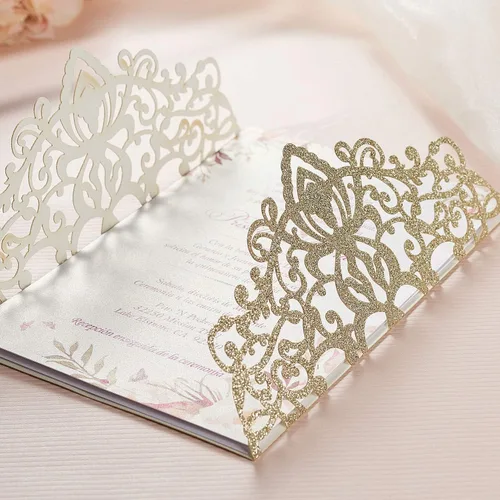 Miniatura 6 de AdasBridal 50 tarjetas de invitación de boda cortadas con láser con estampado floral, con sobre, hoja interior en blanco y cinta para boda, Dorado