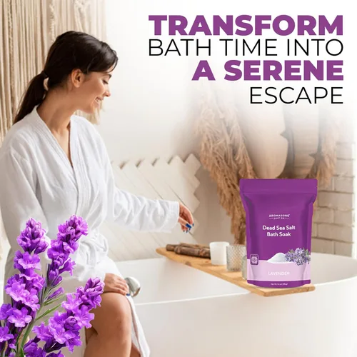 Miniatura 3 de Aromasong Sal del Mar Muerto para remojar con aceite esencial de lavanda natural, 14 onzas, sal de baño de spa, grano fino, 7 usos por paquete