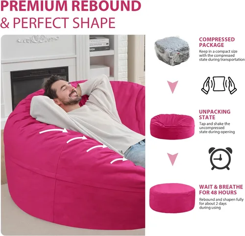 Miniatura 224 de Puf de 5 pies, puf grande con relleno de espuma viscoelástica, sofá puff esponjoso con funda de terciopelo holandés, puf redondo para sala de estar