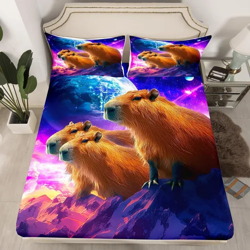 Miniatura 13 de Sábana bajera ajustable de Capybara de dibujos animados tamaño individual para niños, bonito juego de cama de Capybaras marrón para niños y niñas