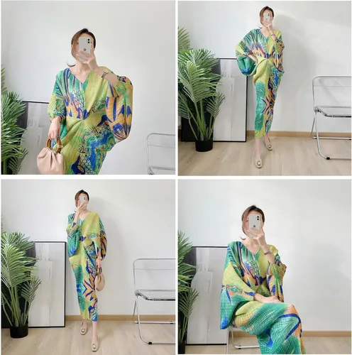Miniatura 3 de ZYTECO Vestido plisado con estampado floral para mujer, cuello en V, manga corta, estilo dolman, casual, fluido, para invitadas de boda