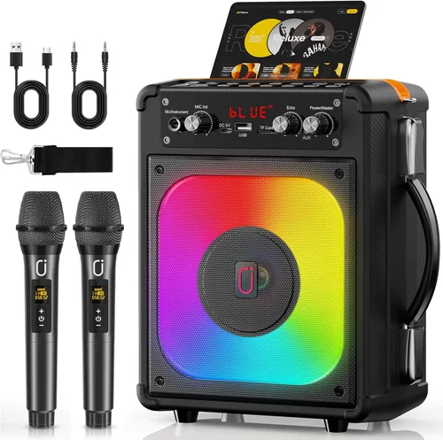 HWWR Máquina de karaoke, altavoz Bluetooth portátil con 2 micrófonos inalámbricos para adultos y niños, máquina de cantar para fiestas y reuniones,