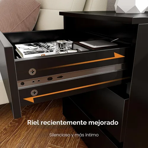 Miniatura 7 de FOTOSOK Mesita de noche negra con 3 cajones, mesita de noche negra para dormitorio con asa recortada, mesa auxiliar de sofá con 3 cajones