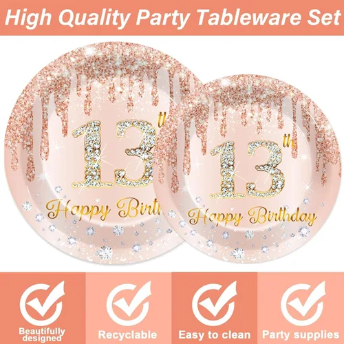 Miniatura 3 de 200 piezas de platos, servilletas y cubiertos de Rose Gold para fiesta de cumpleaños número 13, juego de vajilla rosa para la feliz decoración
