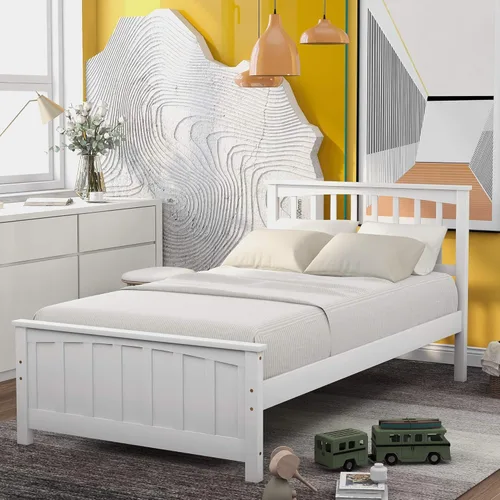 Harper & Bright Designs Cama de plataforma de madera de tamaño individual con cabecero, no necesita somier, color blanco