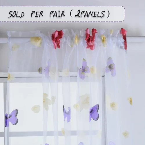 Miniatura 3 de HUTO Cortinas traslúcidas con estampado floral de mariposa para dormitorio de niños y niñas, cortinas de gasa con bolsillo para barra, tratamiento