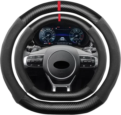Miniatura 36 de Funda de volante de ante con fibra de carbono de K LAKEY, compatible con Porsche 718 Boxster Cayman 911 Panamera Macan Cayenne de 15 pulgadas, cuero