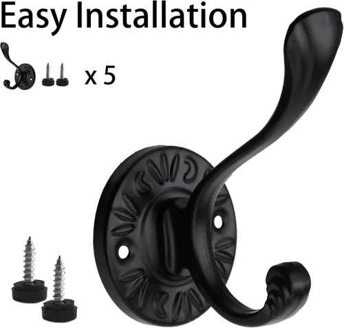 Miniatura 4 de 5 ganchos negros para abrigos montados en la pared, ganchos de pared negros mate con tornillos, ganchos de metal negro mate para toallas para baños