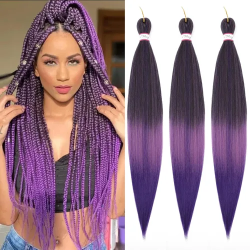 Miniatura 18 de Col bling Cabello trenzado preestirado de 28 pulgadas, 3 paquetes de extensiones de cabello largo para mujer, trenzas de caja, cabello preestirado