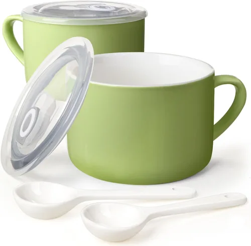 Miniatura 12 de Tazones de sopa con asas y cucharas, cuenco de cerámica para ramen de 30 onzas con tapa, tazas grandes para fideos instantáneos, cuencos grandes