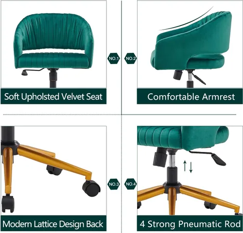 Miniatura 5 de Silla de oficina en casa, silla de escritorio giratoria de terciopelo, moderna y bonita silla de escritorio verde con base dorada para niñas