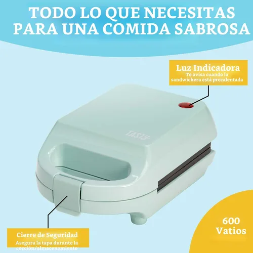 Miniatura 5 de Mini Sandwichera Tasty, Hace Sánidwiches, Paninis, Queso a la Parrilla, Postres, Resultados Rápidos, Fácil Limpieza, 600W, Aqua Aguamarina