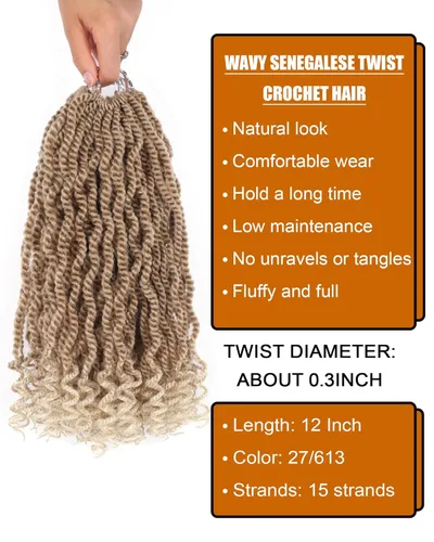Miniatura 2 de Cabello rubio de ganchillo para mujeres negras, trenzas senegalesas onduladas de ganchillo de 12 pulgadas, trenzas kinky de ganchillo cortas 27613