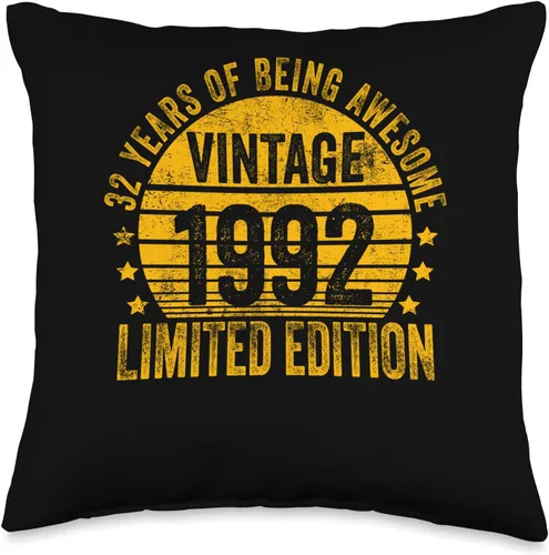 Retro 32nd Birthday Gifts Men Women 32 Year Old Vintage 1992 Limited Edition Bday Throw Pillow, 16x16, Multicolor