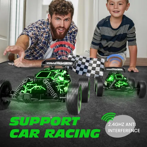 Miniatura 5 de Tecnock Coches RC para Niños, Coche RC 1:18 a Escala 2WD con Luces LED, Coche de Control Remoto de 2.4GHz con Carga Fácil USB-C y 50 Minutos de Verde