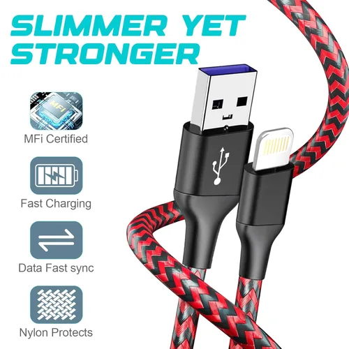 Miniatura 3 de Paquete de 3 cables de carga para iPhone de 6 pies con certificación MFi, trenzados, de carga rápida, duraderos y curvados de 25 K+ para iPhone