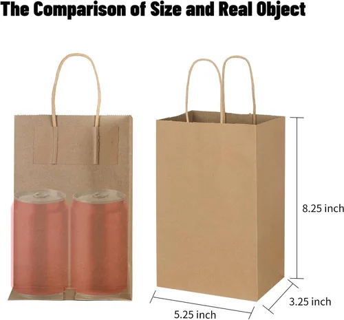 Miniatura 2 de Toovip Paquete de 50 bolsas pequeñas de papel kraft marrón liso de 5.25 x 3.25 x 8.25 pulgadas con asas a granel, bolsas de regalo para regalos