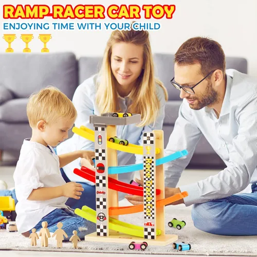 Miniatura 6 de Belleur - Juego Montessori para niños de 1 a 3 años, pista de carreras de coches para niños pequeños con 5 coches mini y 5 rampas, juego de juguetes