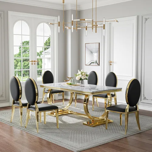 Miniatura 58 de Juego de mesa de comedor de mármol de 70 pulgadas para 6, mesa de cocina grande y sillas de cuero negro, mesas de comedor modernas negras y doradas