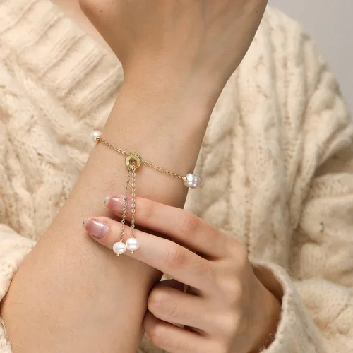 Miniatura 7 de Cowlyn Bossimi - Pulsera de perlas, eslabones de cultura barroca, chapado en oro de 14 quilates, ajustable, a la moda, dije de San Valentín, joyería