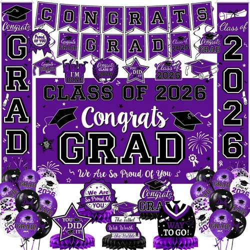 Miniatura 17 de Decoraciones de graduación 2026, juego de decoraciones de graduación rojo y negro con pancarta y telón de fondo de felicitaciones, letrero