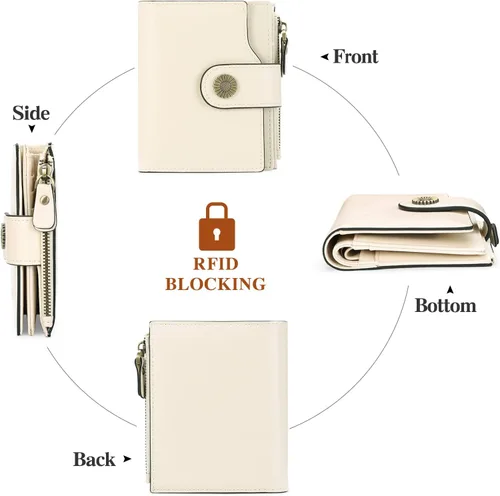 Miniatura 4 de FALAN MULE Cartera pequeña para mujer, de piel auténtica, plegable, compacta, con bloqueo RFID, pequeña cartera para mujer, AE-blanquecino, Casual