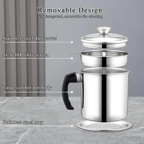 Miniatura 5 de Berglander Recipiente de grasa de tocino con colador de 47 oz/1.4 L, recipiente de almacenamiento de aceite de acero inoxidable con filtro de malla
