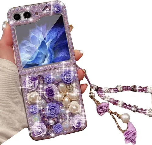 Miniatura 9 de Changjia Funda para Samsung Galaxy Z Flip 5 con brillantina, bonita funda de lujo con diamantes de imitación 3D con diamantes de imitación y flores