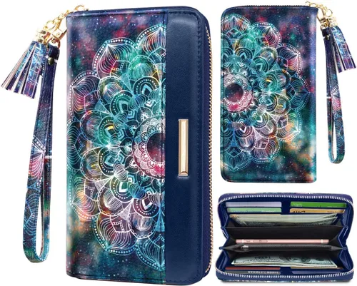 Carteras para mujer, de piel sintética, tarjetero organizador con borla y correa de muñeca, Mándala, Casual