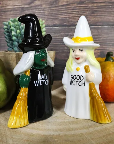 Miniatura 8 de Ebros Gift Fuerzas del bien y del mal Elphaba VS Glinda Brujas que llevan escobas con salero y pimentero, juego de figuras de cerámica con tapones
