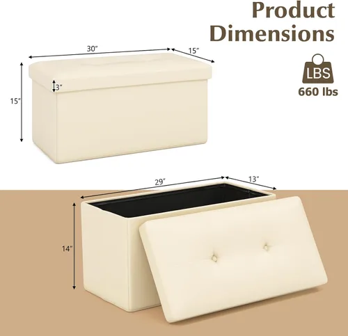 Miniatura 3 de Giantex Banco otomano de almacenamiento, reposapiés otomano plegable de cuero de 30 pulgadas, mesa auxiliar, taburete para pies, asiento acolchado