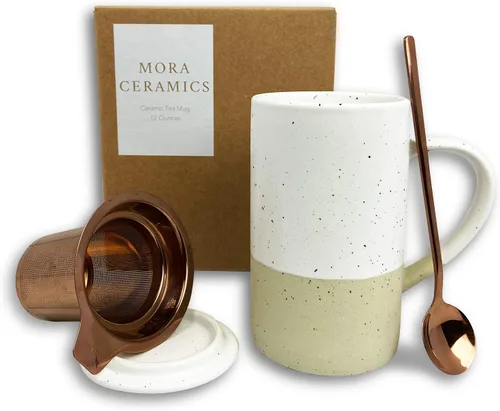 Miniatura 14 de Taza de Té Mora Ceramics con Infusor de Hojas Sueltas, Cuchara y Tapa, 12 oz, Taza de Café Apta para Microondas y Lavavajillas - Esmalte Cerámico