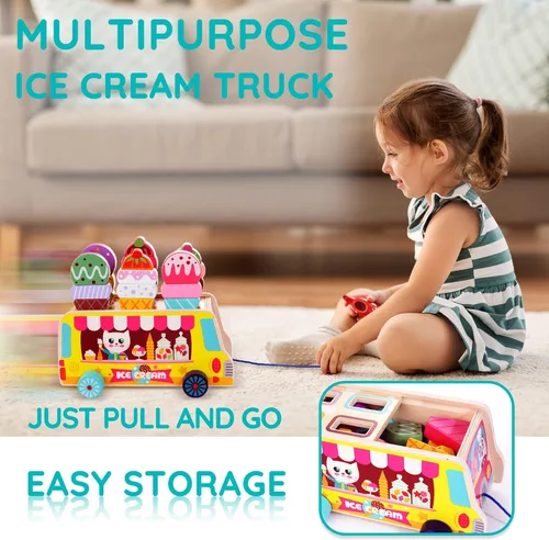 Miniatura 4 de HELLOWOOD Camión de helados de madera, 28 piezas magnéticas de helados dulces, alimentos y accesorios, juguetes Montessori de clasificación