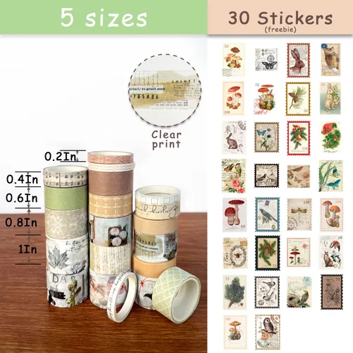 Miniatura 2 de Juego de 20 rollos de cinta washi vintage y 30 piezas de calcomanías para sellos de plantas de animales y naturaleza, cinta adhesiva estética