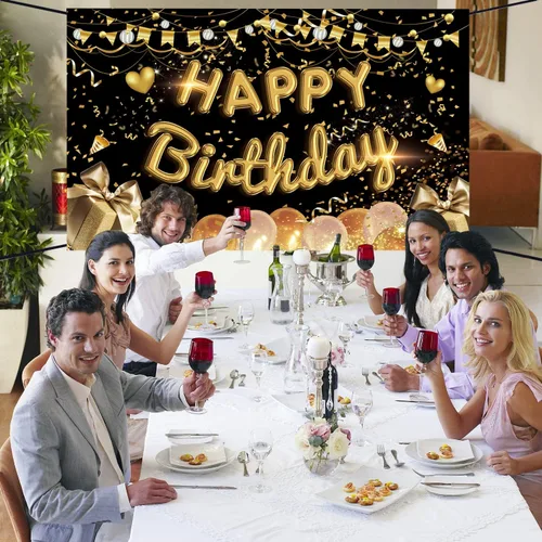 Miniatura 5 de Cartel de fondo de feliz cumpleaños extra grande de tela negro dorado cartel cartel fondo de cabina de fotos para hombres mujeres cumpleaños