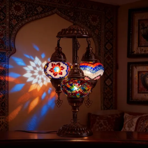 Lámpara de mesa turca, lámpara bohemia, luz de escritorio de mosaico de 3 globos, pantalla decorativa Tiffany, lámpara vintage colorida para