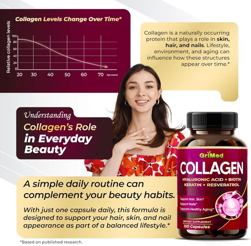 Miniatura 3 de GriMed Cápsulas de colágeno orgánico con ácido hialurónico, biotina, queratina y resveratrol, suplemento para uñas de piel y cabello, 150