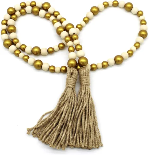 Miniatura 15 de CVHOMEDECO. Guirnalda de cuentas de madera con borlas, diseño rústico de granja, cadena de cuentas de oración para colgar en la pared, acento