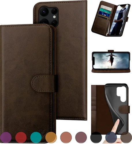 Miniatura 15 de DuckSky Funda tipo cartera de cuero genuino para Samsung Galaxy S23 Ultra con bloqueo RFID, 4 tarjeteros de crédito. 【Cuero auténtico】 Funda Marrón